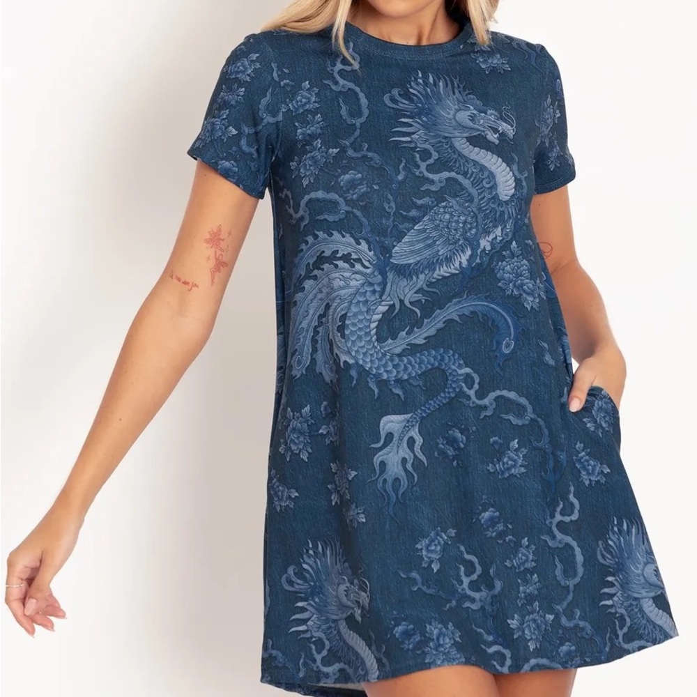 Blackmilk “DRAGON RISING DENIM SWING TEE DRESS - LIMITED” Size Medium M NWT